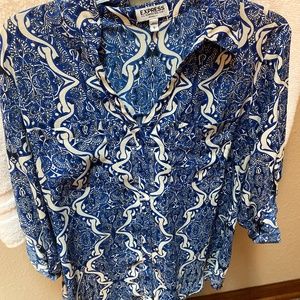 Express Original Fit Portofino Shirt Large Blue/Black Pattern